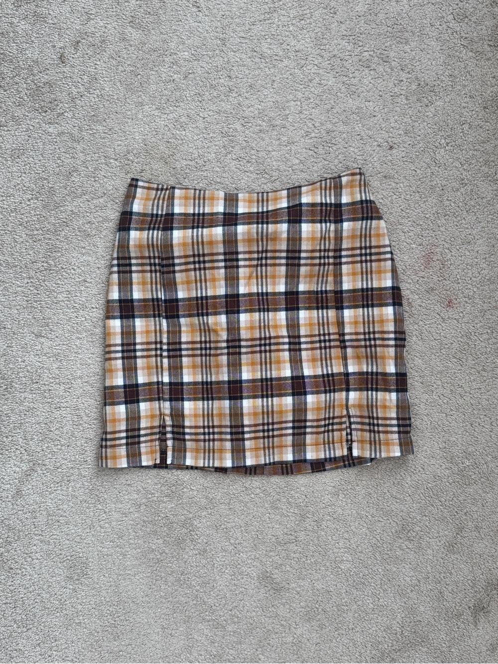 Brandy Melville Plaid Mini Skirt in Mustard, Brown, Cream, and Black